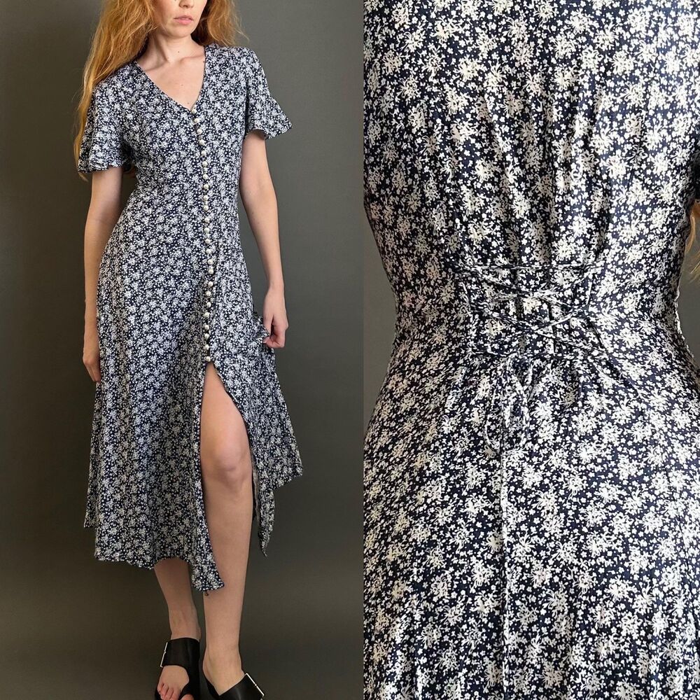 Vintage 1990s Floral Print Flutter Sleeve Midi Dress, Medium